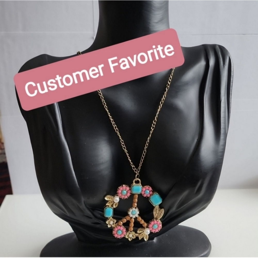 Turquoise Multi Gem  Peace Sign Pendant - Picture 5 of 6